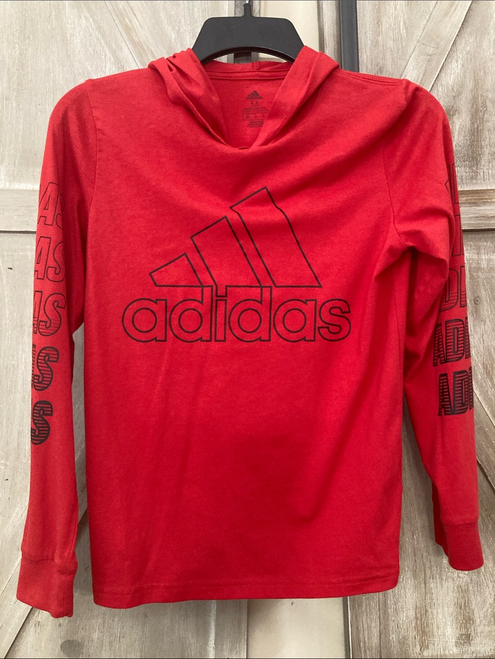 adidas Kids Red Long Sleeve Hoodie with Black Logo
Size Medium